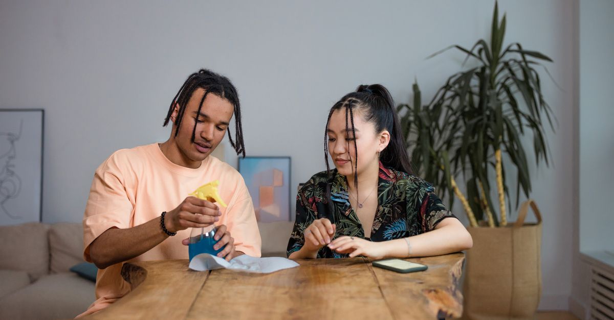 A person reviewing shared expense entries on a phone while sitting at a kitchen table in a Toronto apartment.